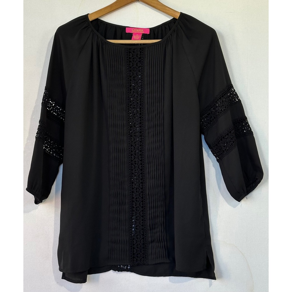Catherine Malandrino Lace Pintuck Blouse Womens M Black Business Classy Capsule